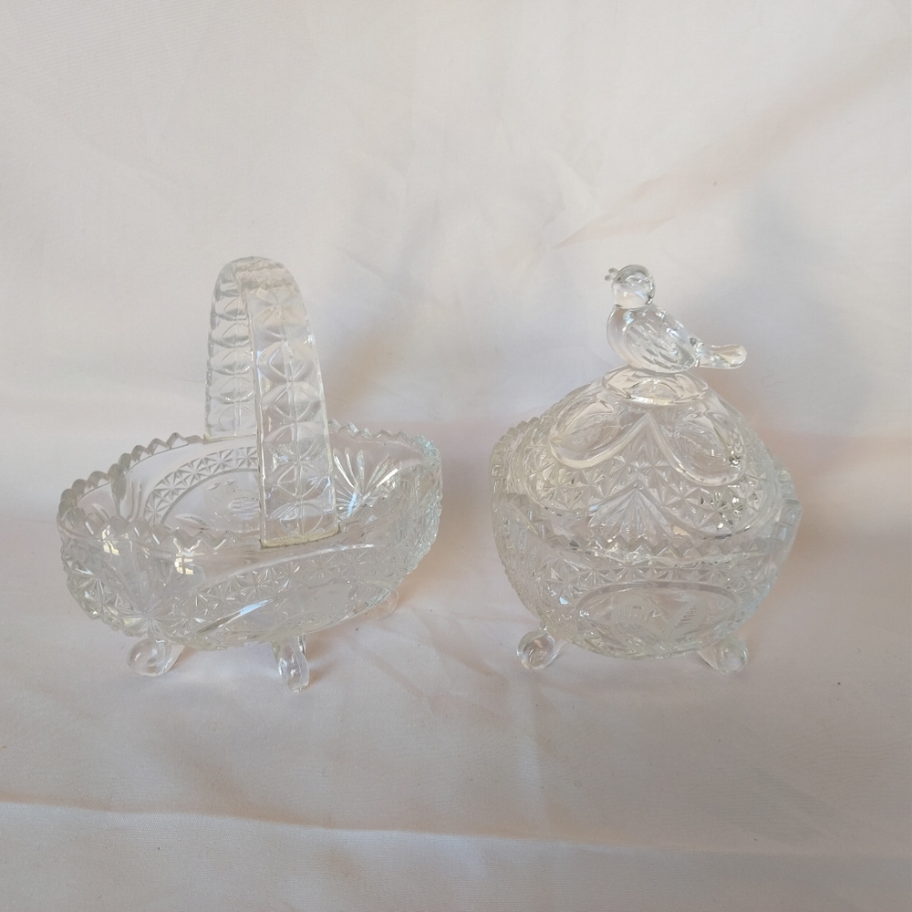 Hofbauer Byrdes Bleikristall Crystal Footed Basket Trinket Box Bird Diamond Set